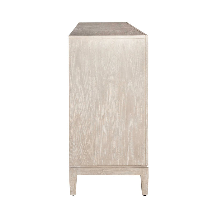 Liberty Furniture Kinsley 4 Door Accent Cabinet in Washed Taupe & Silver Champagne EST SHIP TIME APPX 4 WEEKS