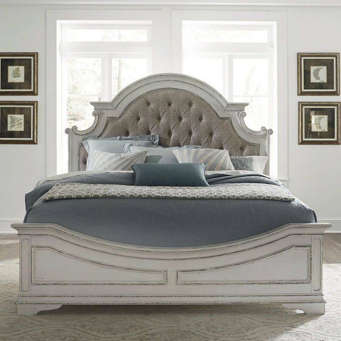 Magnolia Manor King California Upholstered Bed, Dresser & Mirror, Chest, Night Stand