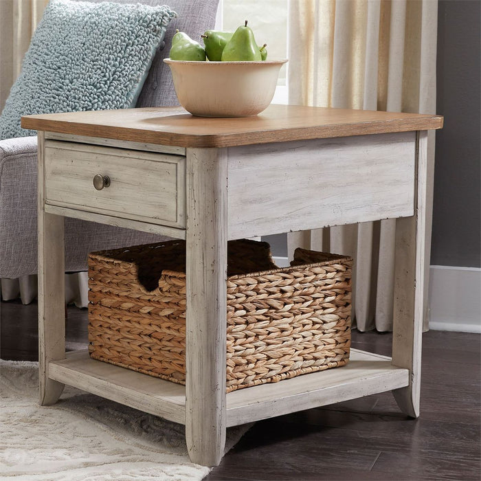 Liberty Farmhouse Reimagined End Table with Basket in Antique White