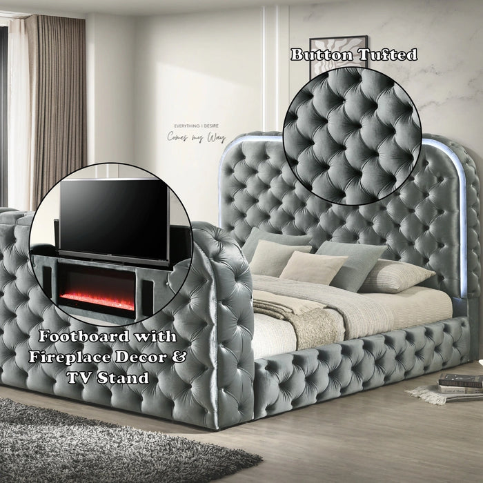 Eastern King Bed w/LED, Fireplace & TV Stand