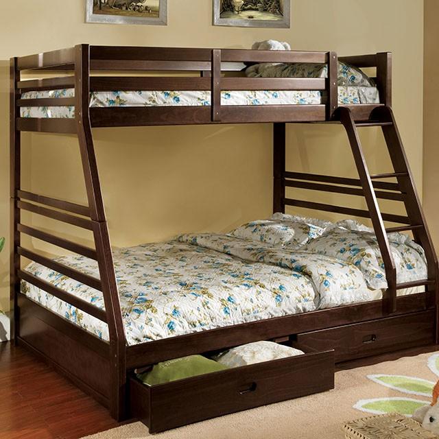 California II Cherry Twin/Full Bunk Bed w/ 2 Drawers Cherry, Walnut, Grey, &Oak