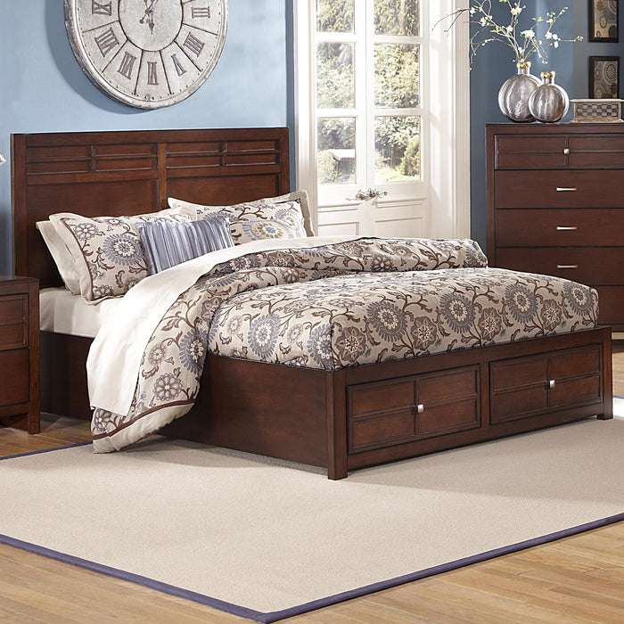 New Classic Kensington California King Low Profile Bed with Storage Footboard in Burnished Cherry