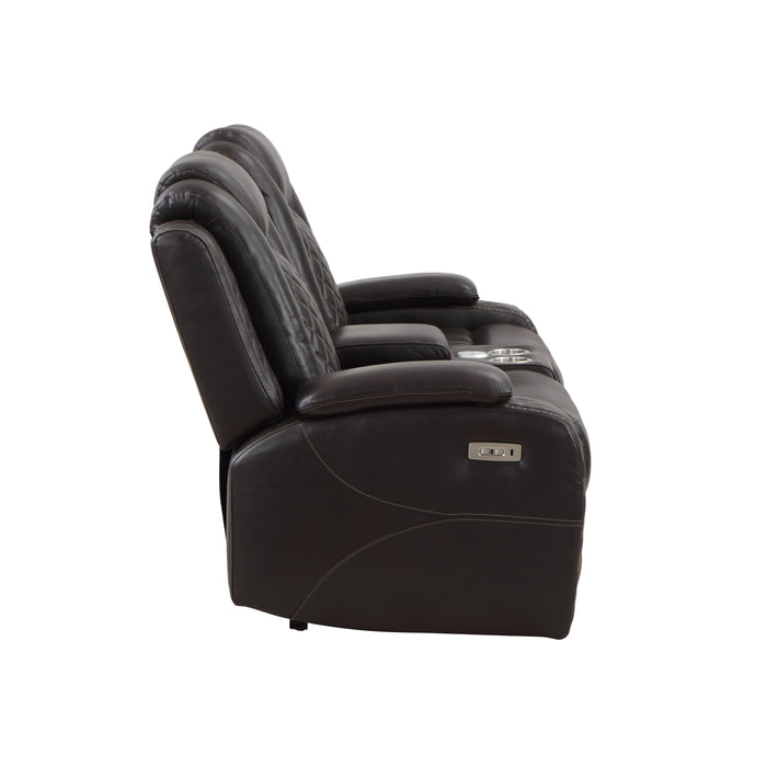 JOSHUA LEATHER CONSOLE LOVESEAT W/ PWR FR & HR-DK BROWN