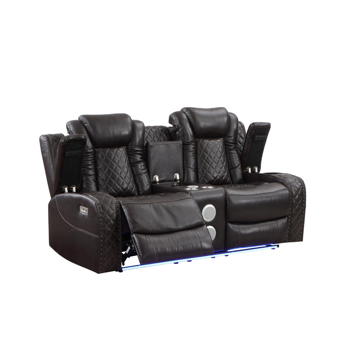 JOSHUA LEATHER CONSOLE LOVESEAT W/ PWR FR & HR-DK BROWN