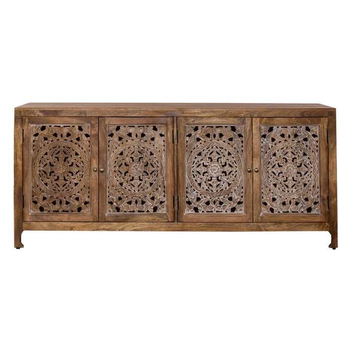 Marisol 74 Inch 4 Door Accent TV Stand in Weathered Honey and Soft Wash Gray image